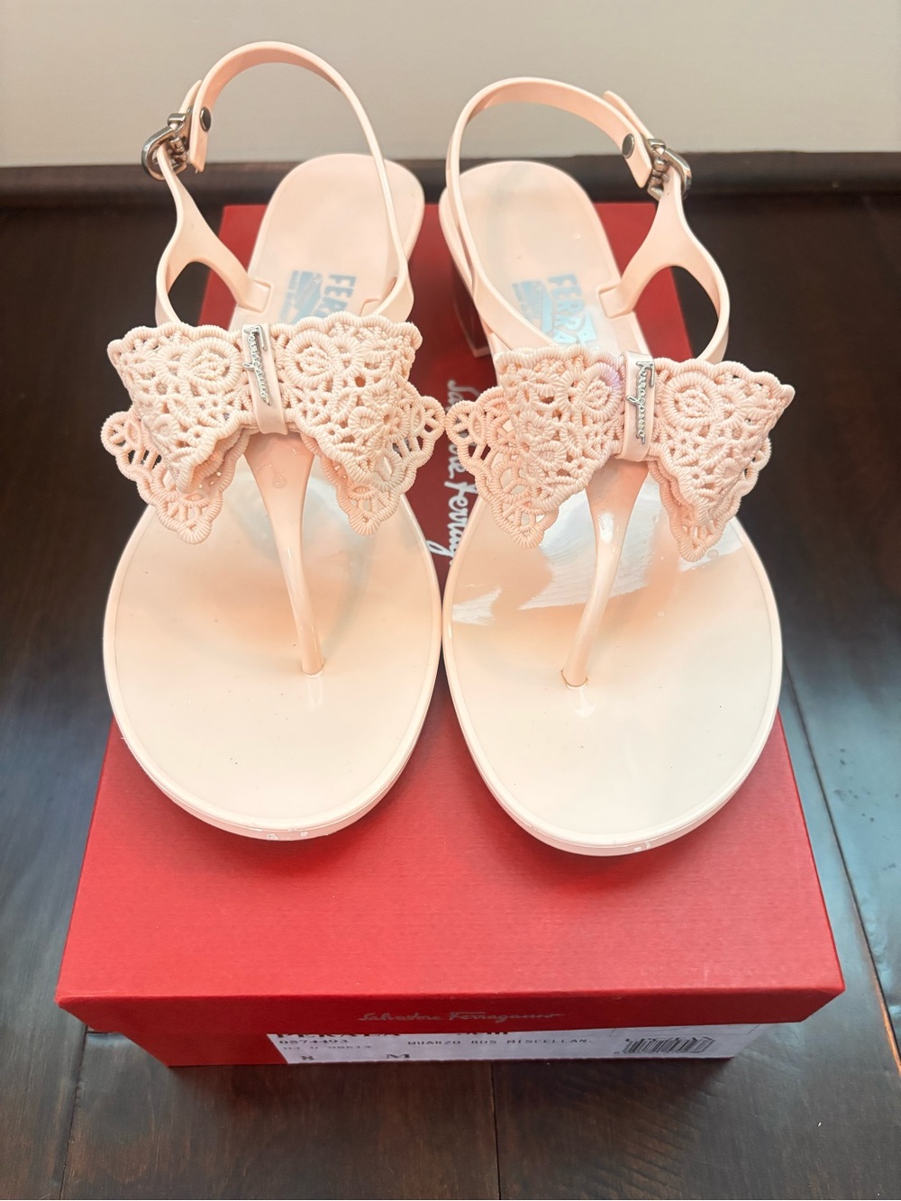 Salvatore Ferragamo Pale Pink Crochet Bow Thong Sandals